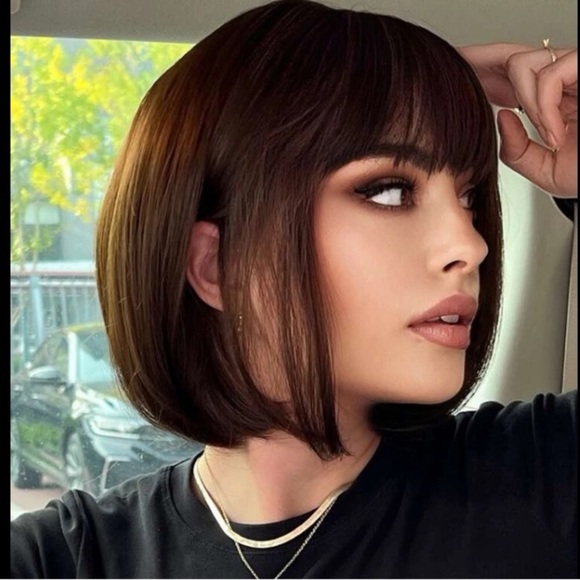 12” Brown Bob Short Straight Middle Parted Synthetic Wig With Bangs - Picture 2 of 4